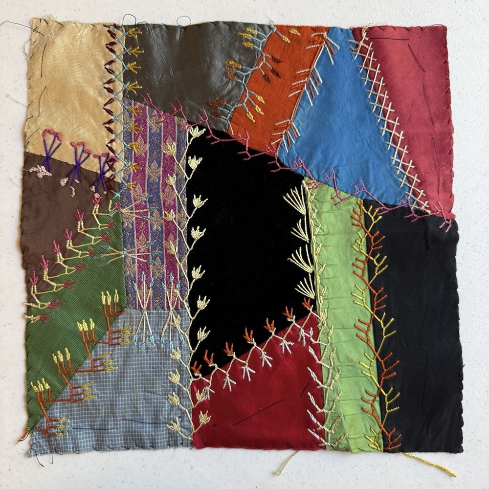 Antique Victorian Crazy Quilt Block Silk Velvet Embroidered Hand Stitched 12x12